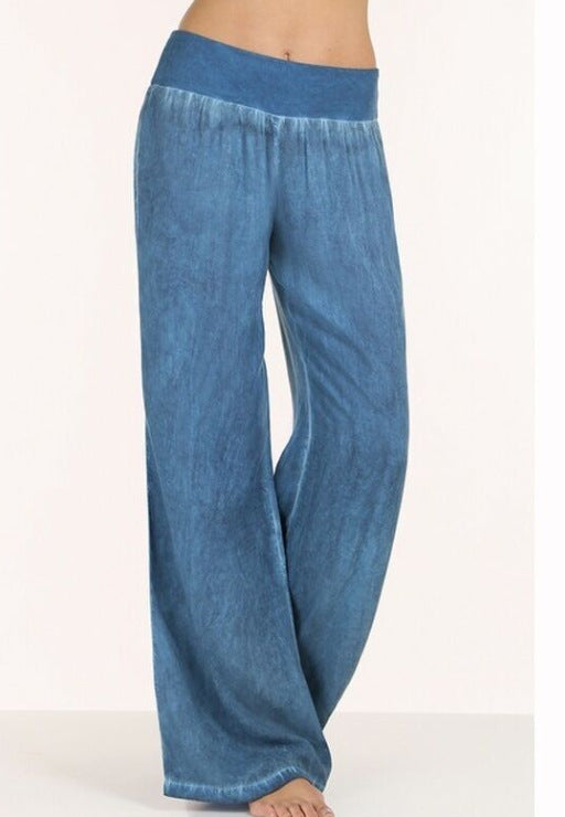 Damenweite Fließende Hose Elastischer Bund Denim-Look Blau - Eveloria
