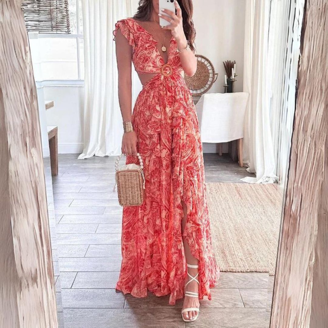 Damen Maxikleid Geblümt Rüschenärmel Ausgeschnittene Taille