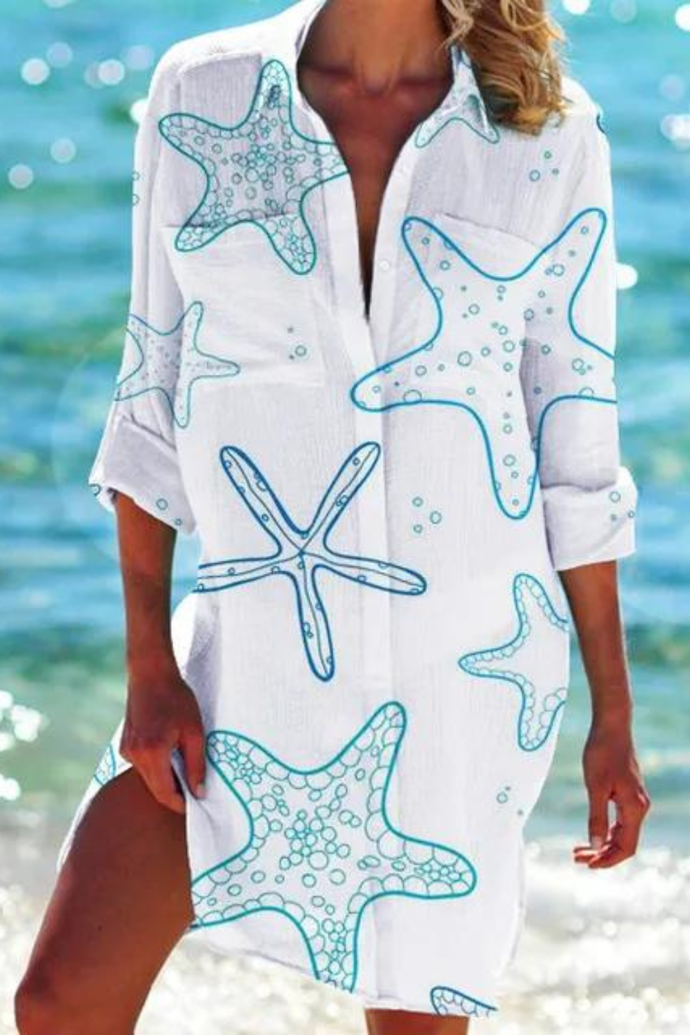 Eveloria Damen Strandbluse Meeresmotiv Lang