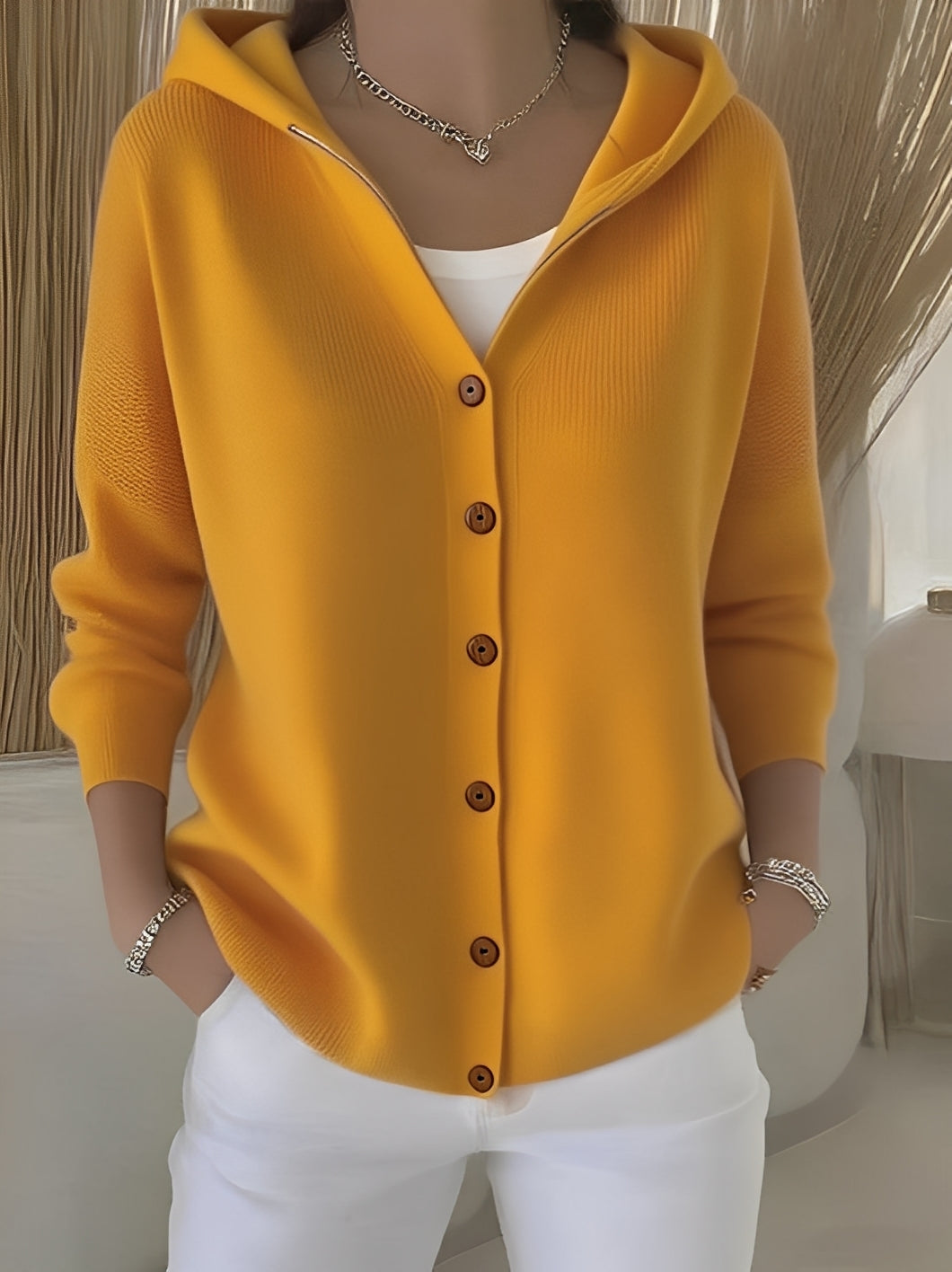 Damen Strickjacke mit Kapuze Komfortable Verarbeitung Beige