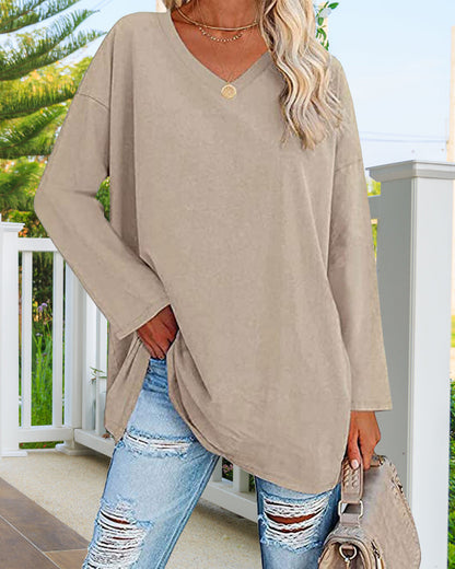 Eveloria Damen Langarm T-Shirt V-Ausschnitt Einfarbig