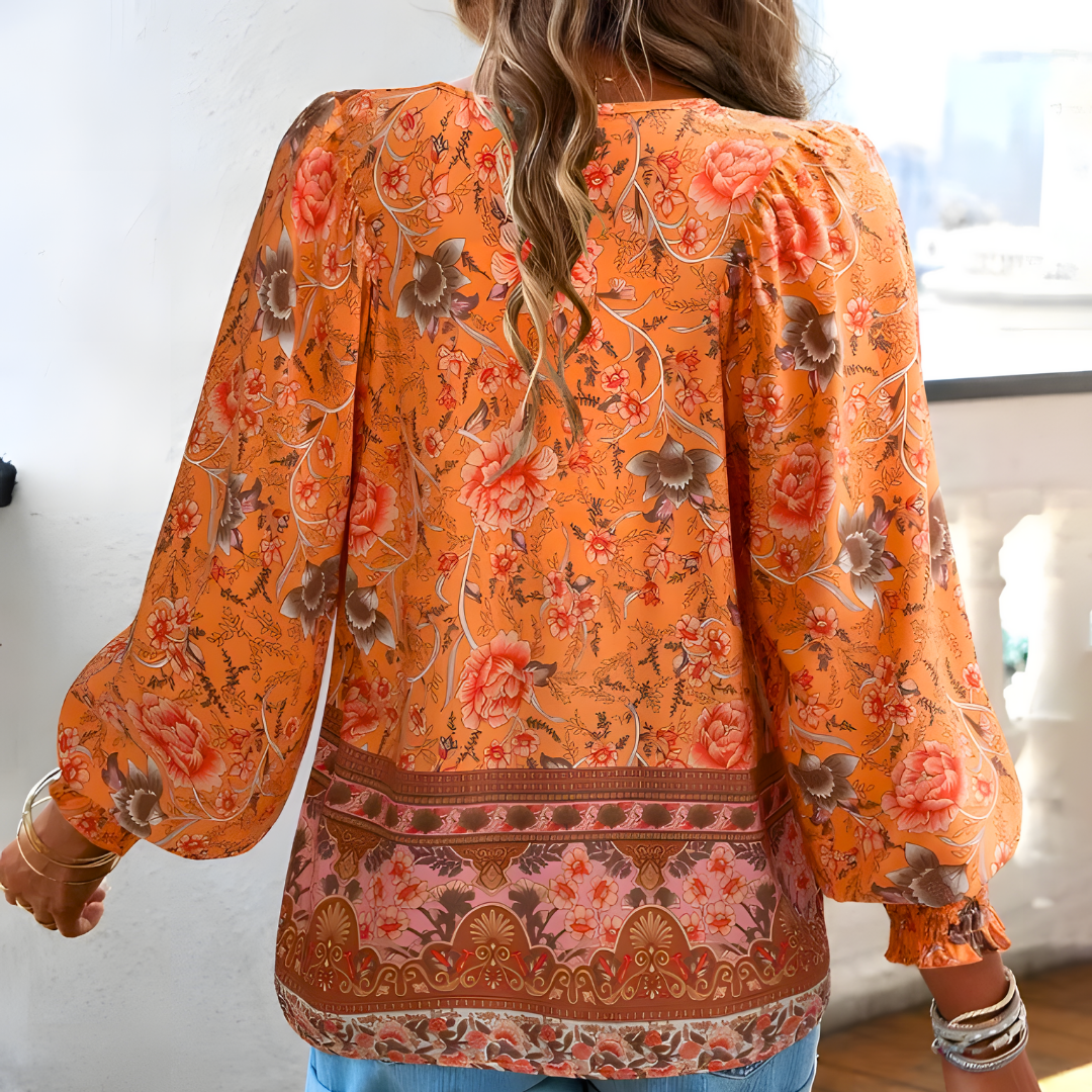 Damen Bluse Blumenmuster Schleifenkragen Weite Ärmel Sommerlook