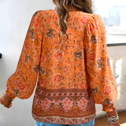 Damen Bluse Blumenmuster Schleifenkragen Weite Ärmel Sommerlook