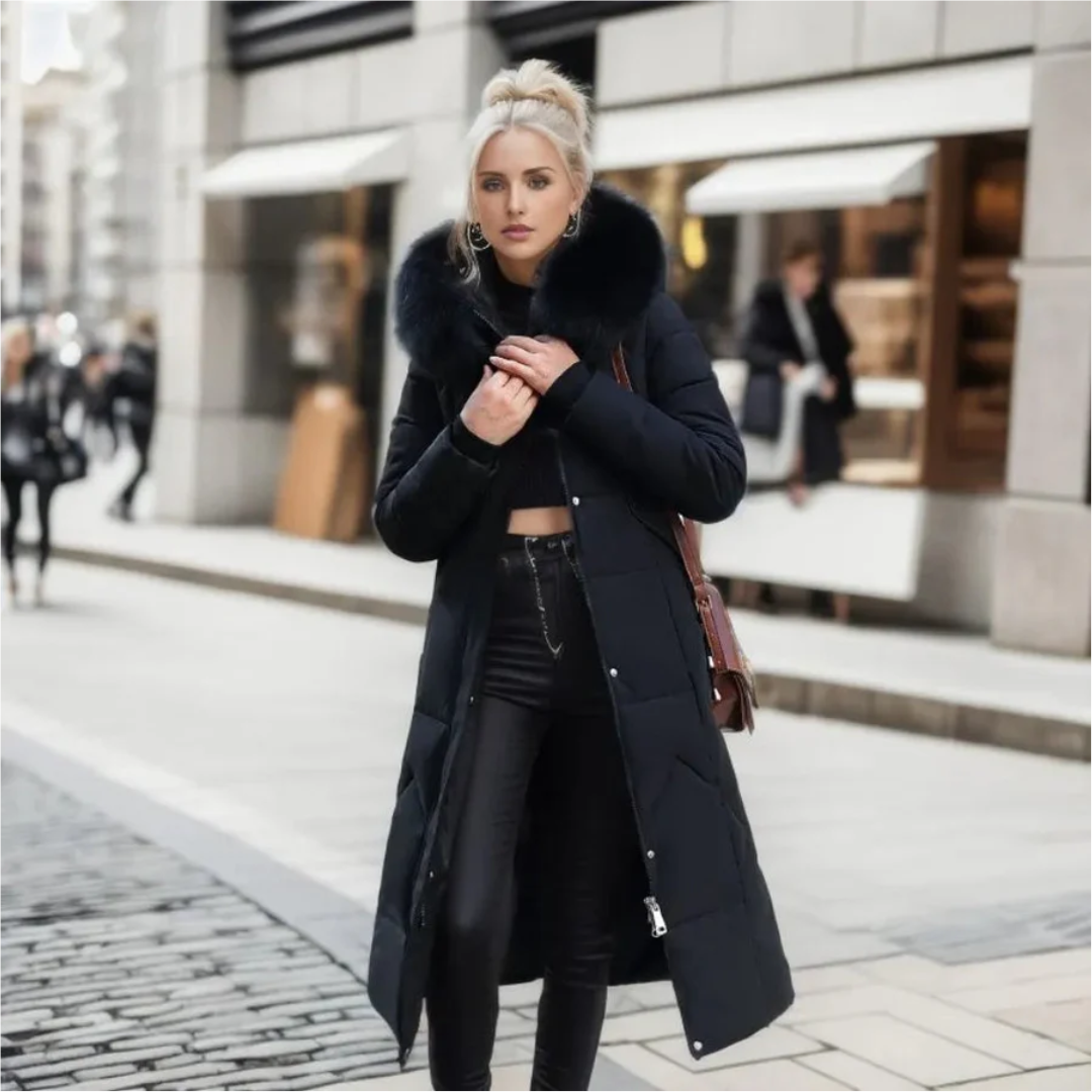 Damen Winterjacke mit Kapuze und Fellbesatz Lang