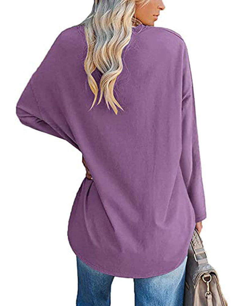Eveloria Damen Langarm T-Shirt V-Ausschnitt Einfarbig