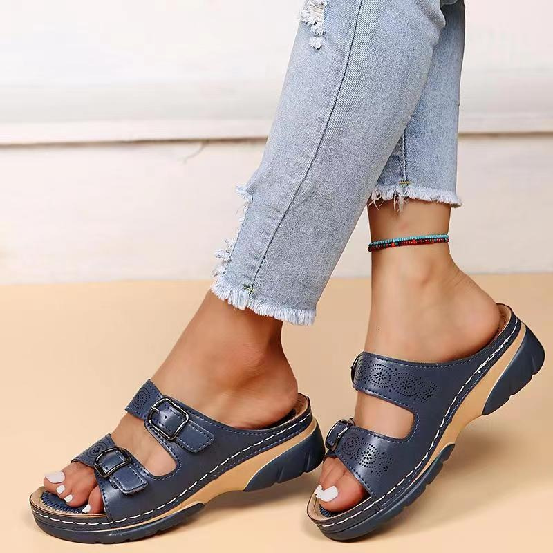 Damen Keilsandalen Leder Mit Verstellbaren Schnallen