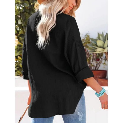Damen Bluse Unifarbe Knopfleiste Hemdkragen Elegante Langarmbluse