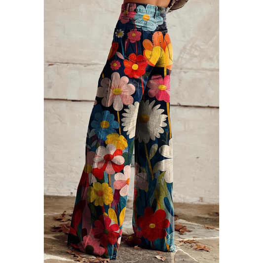 Eveloria Damen Jeanshose Helle Blumen Bedruckt - Eveloria