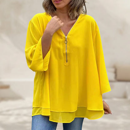 Damen Chiffon V-Ausschnitt Reißverschluss Beige