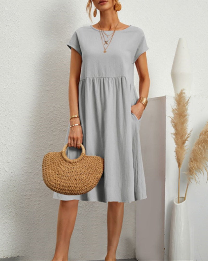 Damen Sommerkleid Uni-Farben Rundhalsausschnitt Kurzarm Midi-Länge