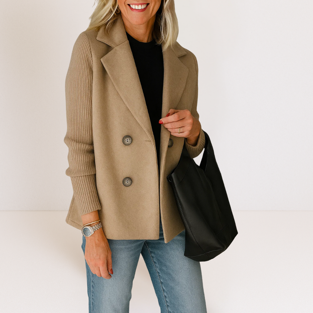 Damen Strickblazer Knopfleiste Elegantes Grau