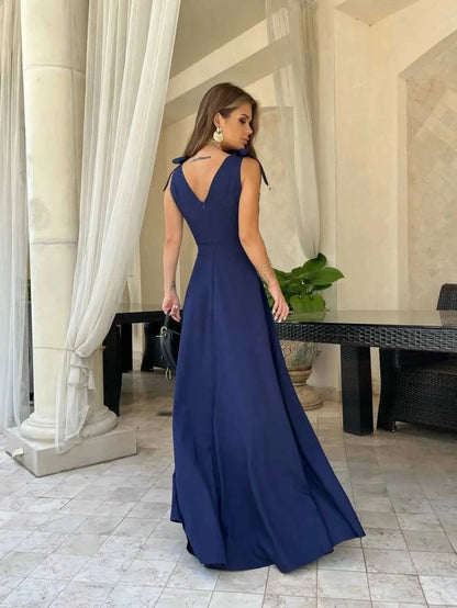 Damen Maxi-Kleid V-Ausschnitt Schleife Dunkelblau