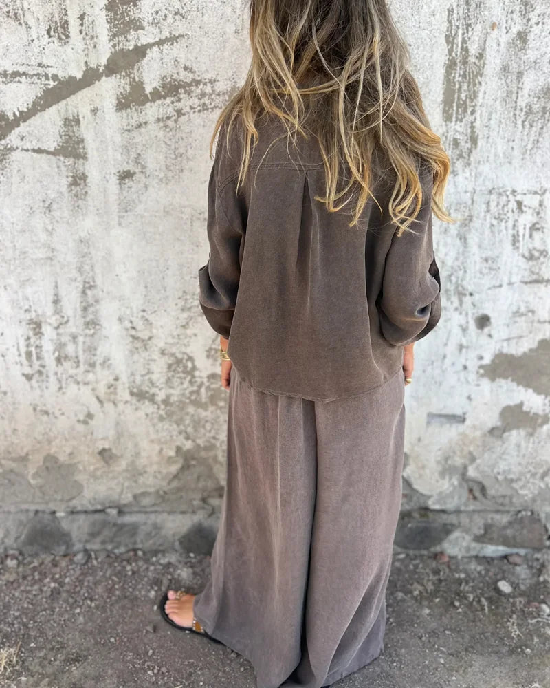 Damen Zweiteiler Uni weite Hose lockere Bluse