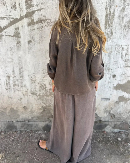 Damen Zweiteiler Uni weite Hose lockere Bluse