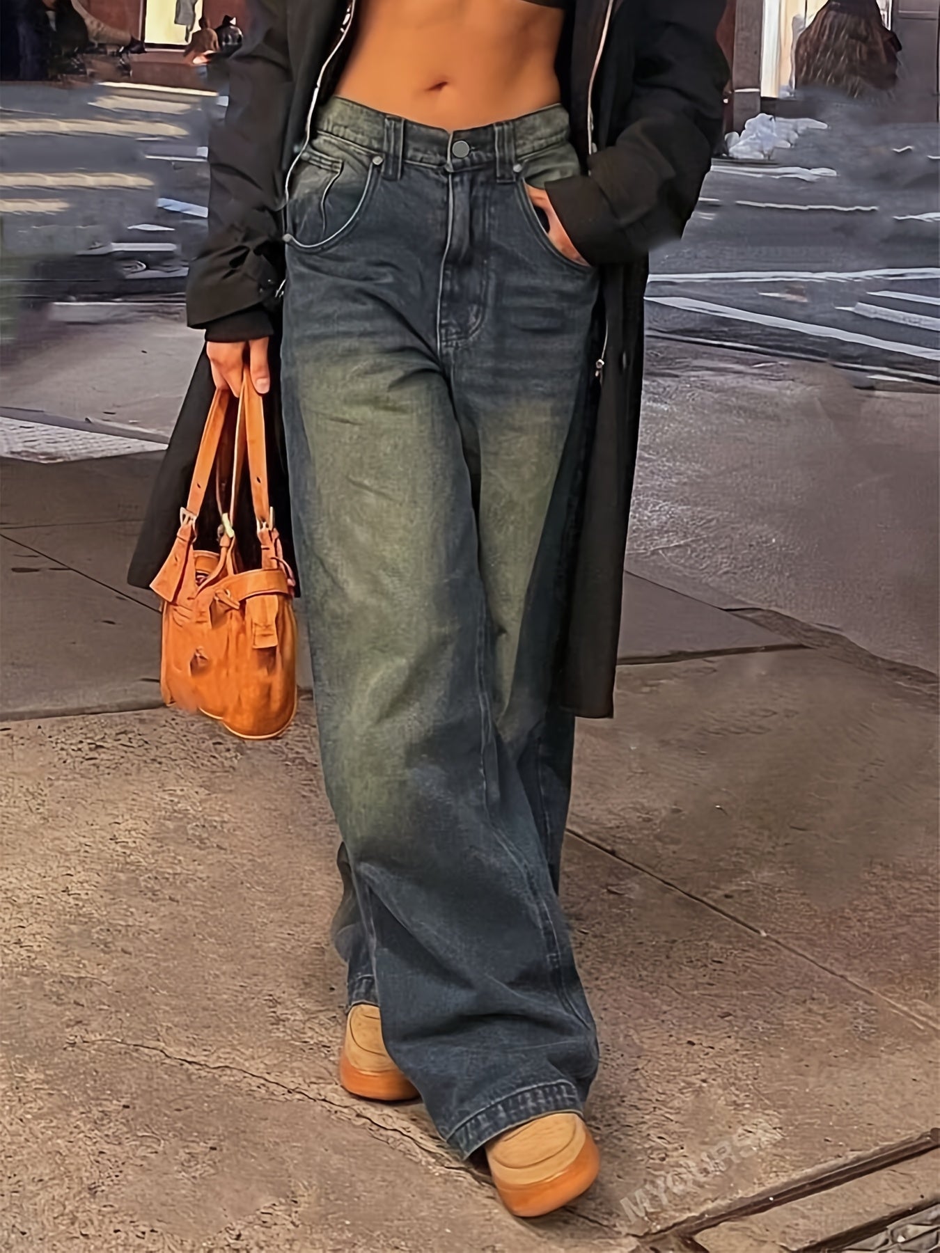 Damen Baggy Jeans Weites Bein Leicht Gewaschen Blau - Eveloria