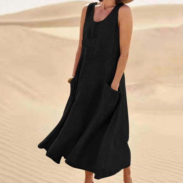 Damen Maxikleid Leinen Ärmellos Luftig Beige