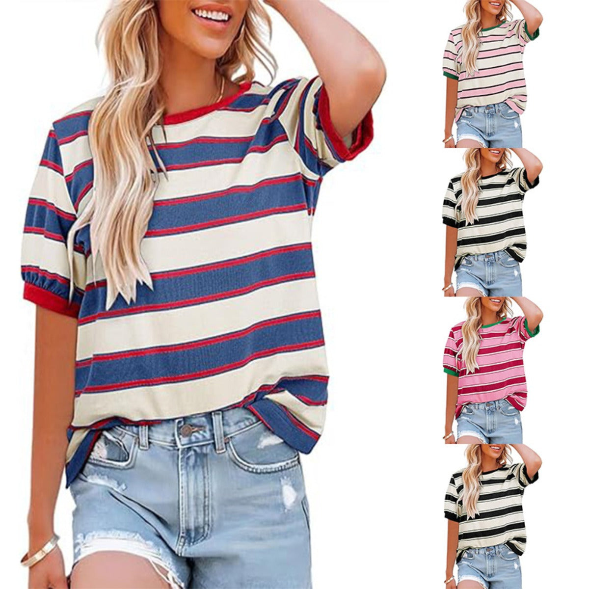 Damen T-Shirt Gestreift Rundhals Baumwolle Weiß/Schwarz - Eveloria