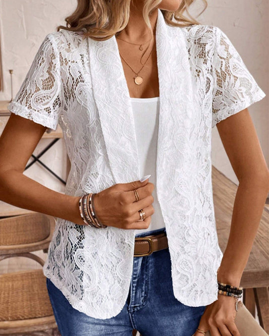Damen Spitzenblazer Weiß Kurzärmelig mit Revers - Eveloria