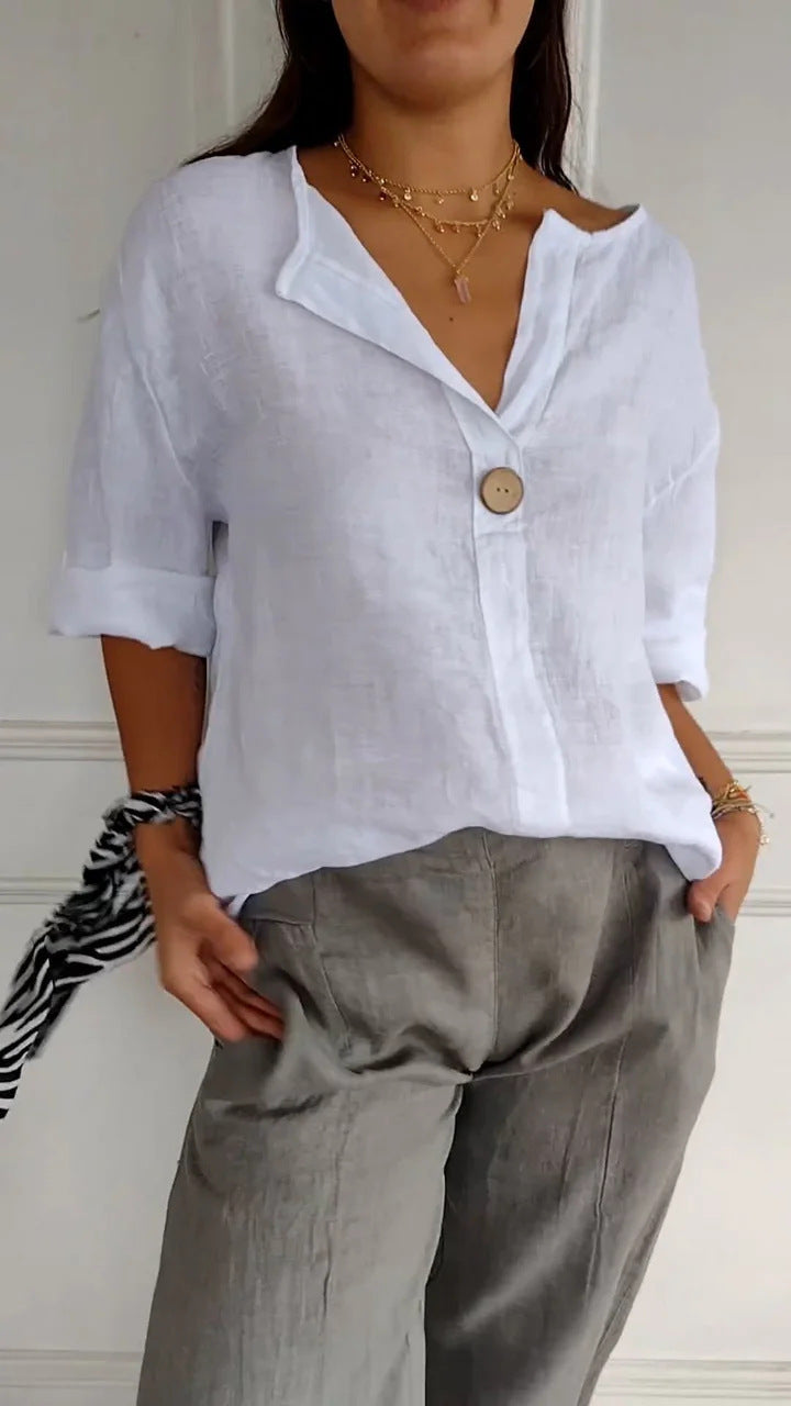 Damen Baumwoll T-Shirt V-Ausschnitt mit Knöpfen Leicht Beige - Eveloria