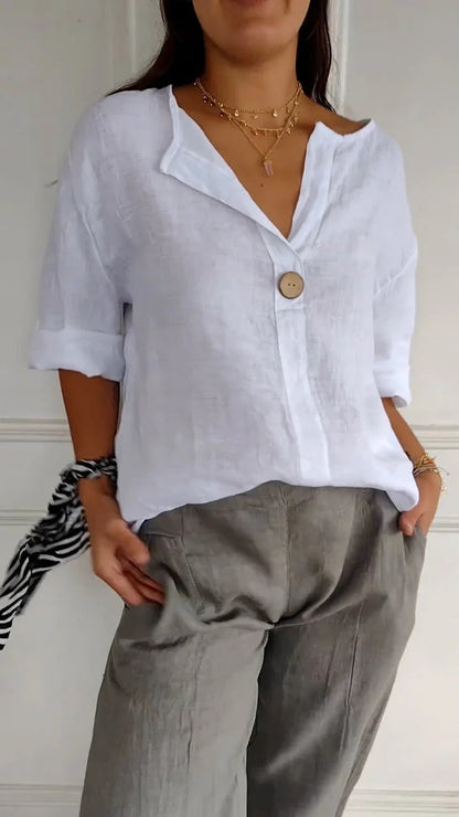 Damen Baumwoll T-Shirt V-Ausschnitt mit Knöpfen Leicht Beige - Eveloria