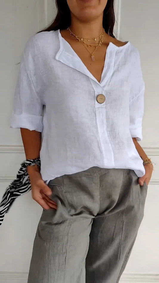 Damen Baumwoll T-Shirt V-Ausschnitt mit Knöpfen Leicht Beige - Eveloria
