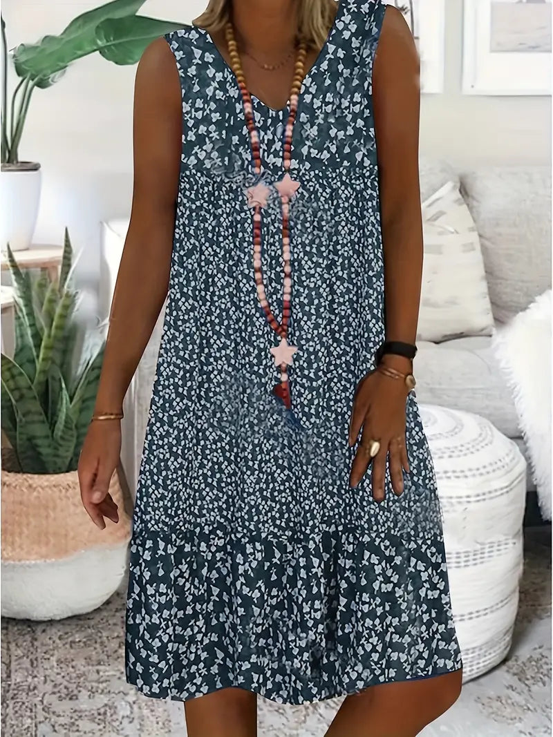 Damen Ärmelloses Sommerkleid V-Ausschnitt Weißes Blumenmuster Leicht