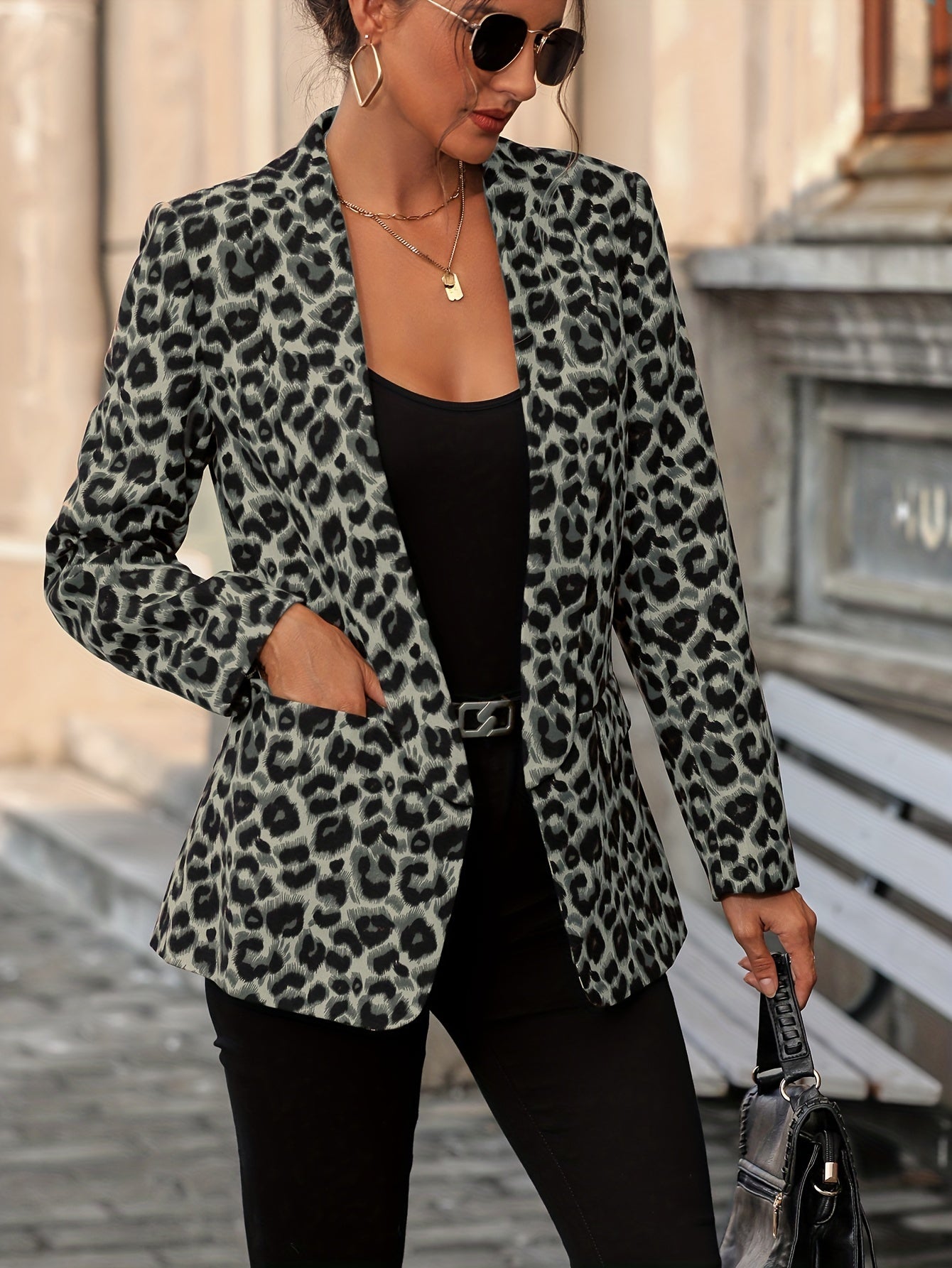 Eveloria Damen Business Langblazer Leopardenmuster