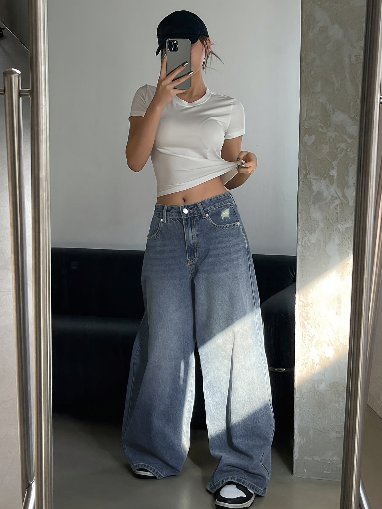 Damen Baggy Jeans High Waist Weit Bein