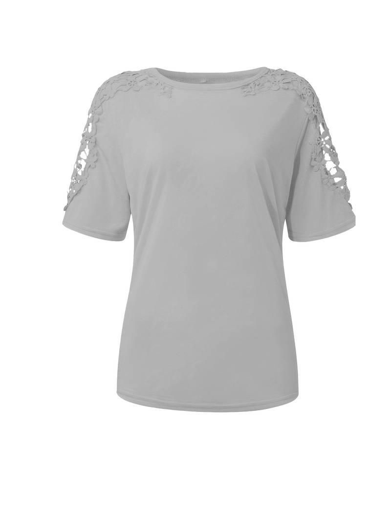 Eveloria Damen Rundhals T-Shirt Spitze Naht Einfarbig