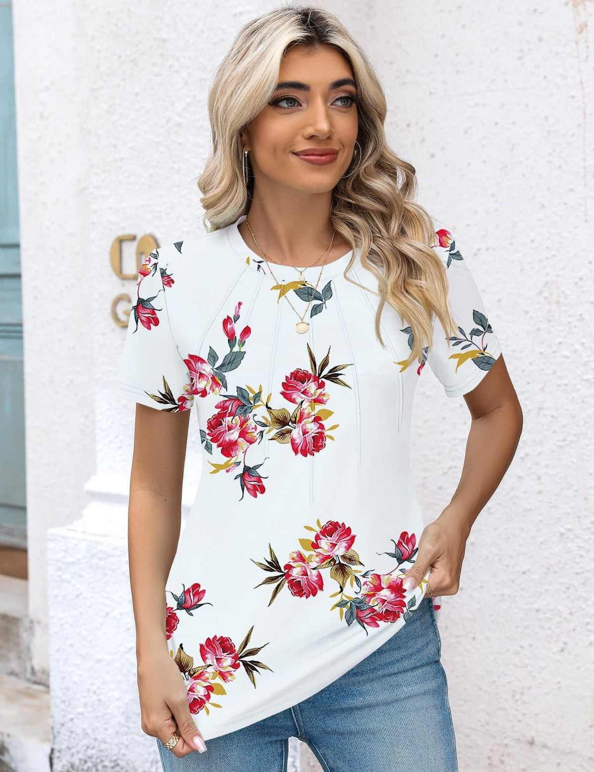 Eveloria Damen Rundhals T-Shirt Plissee Weiss