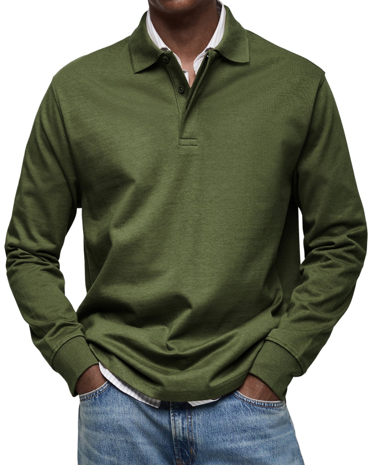 Herren Langarm Poloshirt Knopfleiste Klassisch Beige