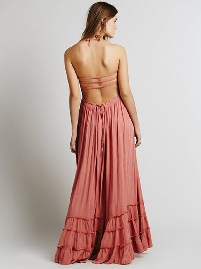 Damen Maxikleid Luftig Rüschengesäumt Hochgeschnitten Eveloria