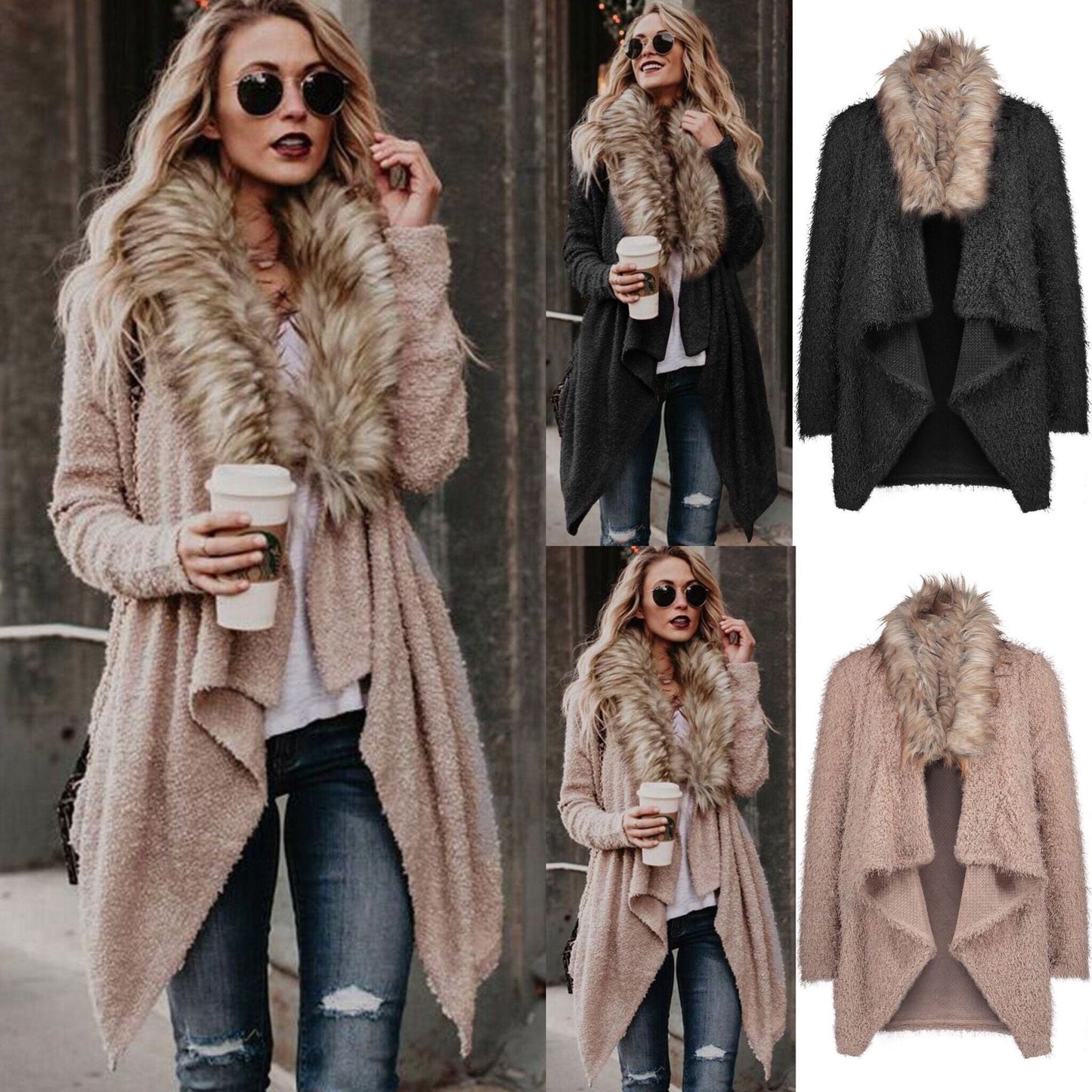 Damen Strickcardigan Flauschig Abnehmbarer Kunstfellkragen - Eveloria