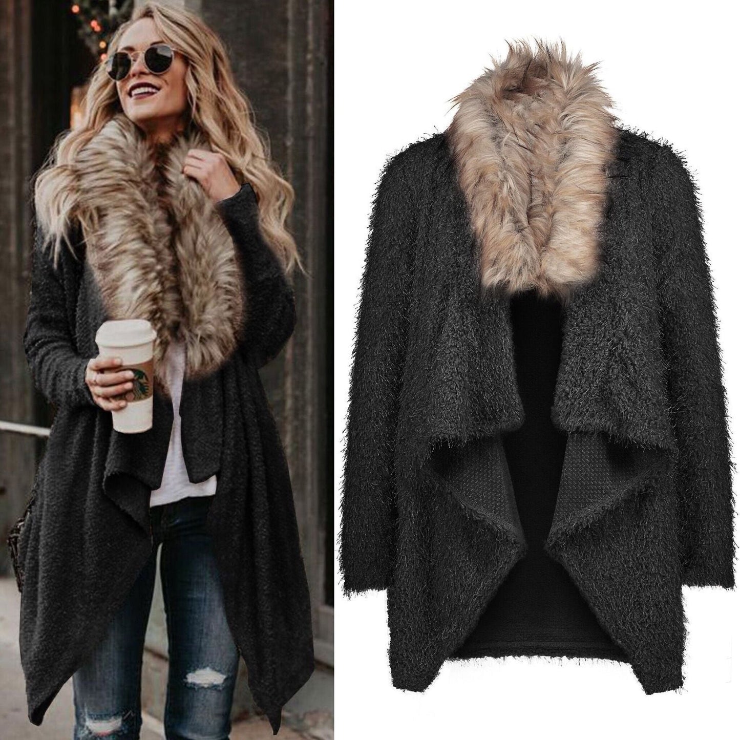 Damen Strickcardigan Flauschig Abnehmbarer Kunstfellkragen