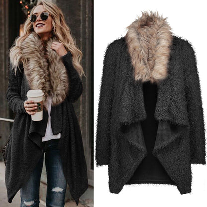 Damen Strickcardigan Flauschig Abnehmbarer Kunstfellkragen