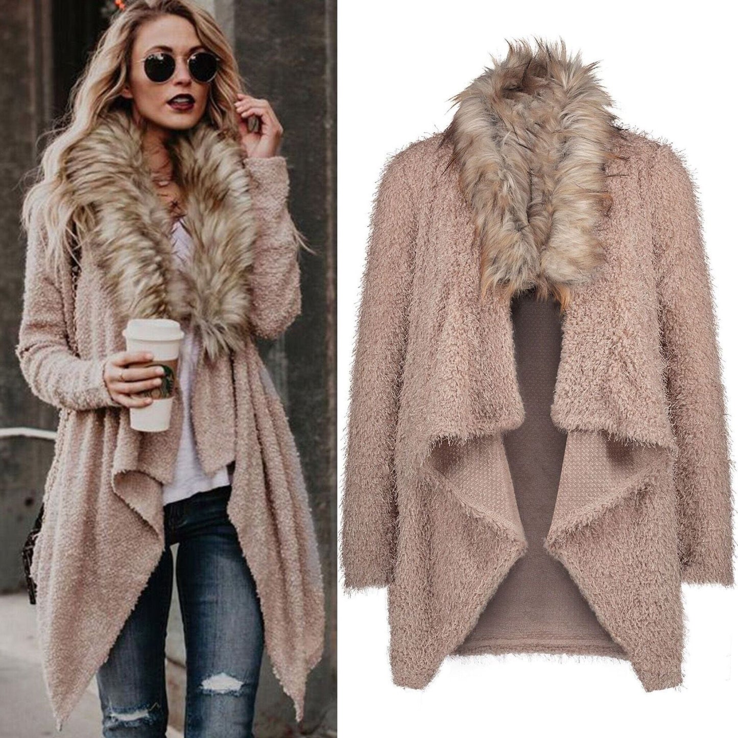 Damen Strickcardigan Flauschig Abnehmbarer Kunstfellkragen