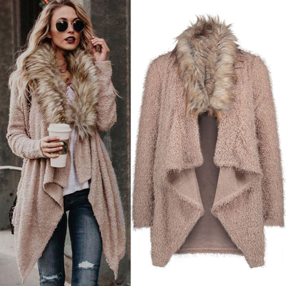 Damen Strickcardigan Flauschig Abnehmbarer Kunstfellkragen