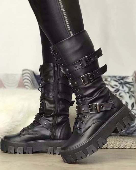 Damen Military Boots Robust Schnürung Verstellbare Schnallen Schwarz - Eveloria