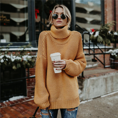 Damen Grobstrickpullover mit hohem Kragen und Volumenärmeln - Eveloria