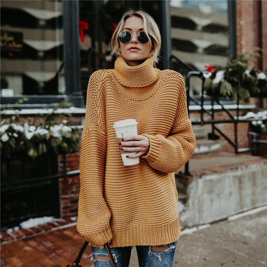 Damen Grobstrickpullover mit hohem Kragen und Volumenärmeln - Eveloria