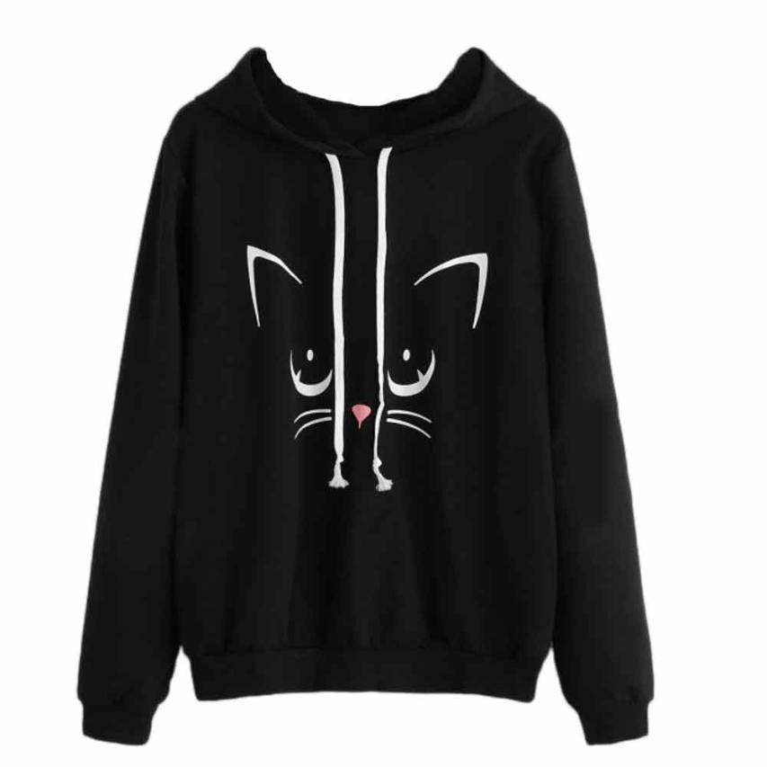 Damen Kapuzenpullover Katzengesicht Kängurutasche Grau - Eveloria
