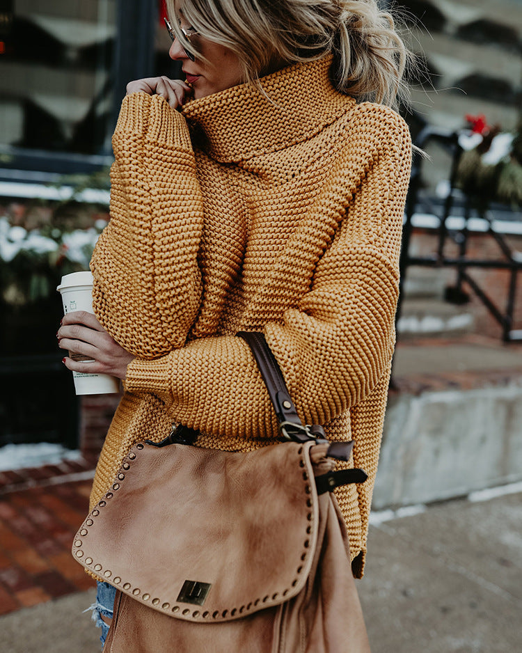 Damen Grobstrickpullover mit hohem Kragen und Volumenärmeln