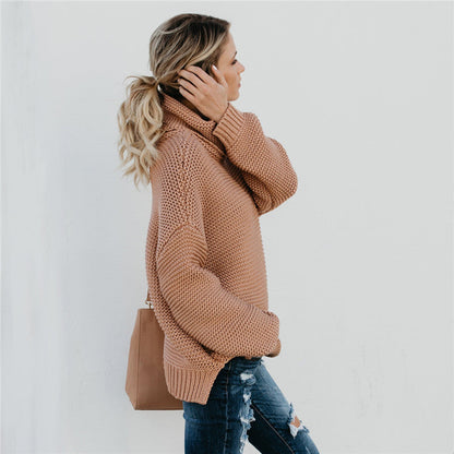 Damen Grobstrickpullover mit hohem Kragen und Volumenärmeln