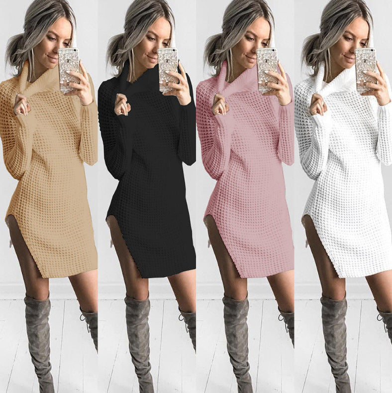 Damen Strickpullover Hochkragen Seitenschlitz Eveloria
