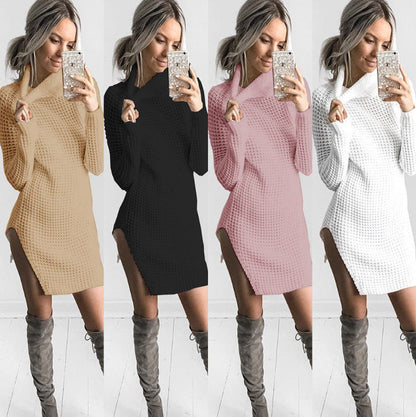 Damen Strickpullover Hochkragen Seitenschlitz Eveloria