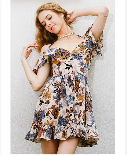 Damen Rüschenskleid Sommer florales Design verstellbare Träger