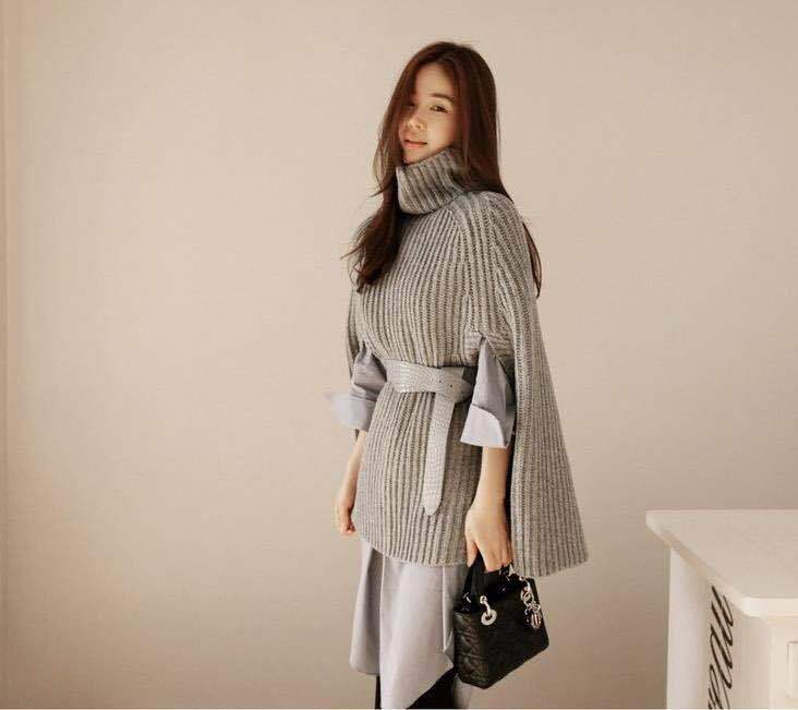 Damen Pullover Rollkragen Gürtel Eveloria