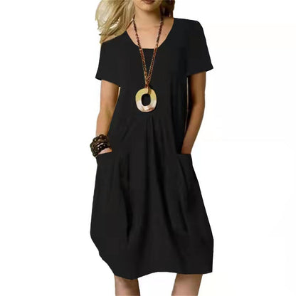 Damen Sommerkleid Rundhals Kurzarm Unifarben mit Taschen