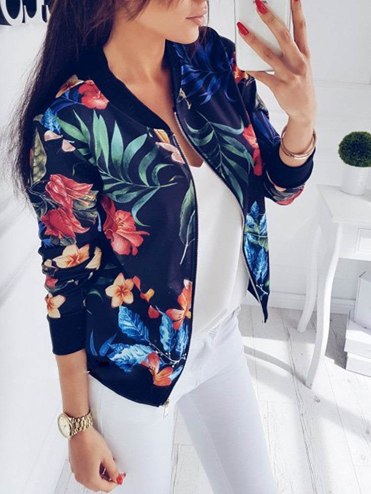 Damen Bomberjacke Blumenmotiv Elastisch Eveloria