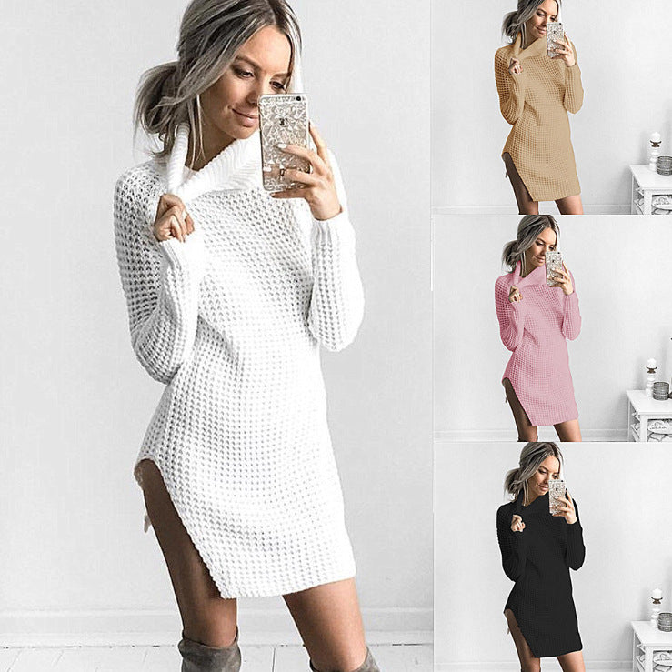 Damen Strickpullover Hochkragen Seitenschlitz Eveloria - Eveloria